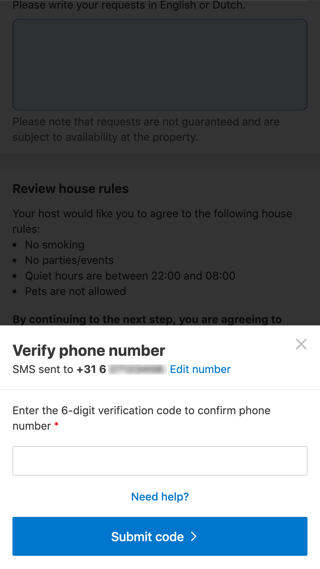 Booking.com SMS phone number verification