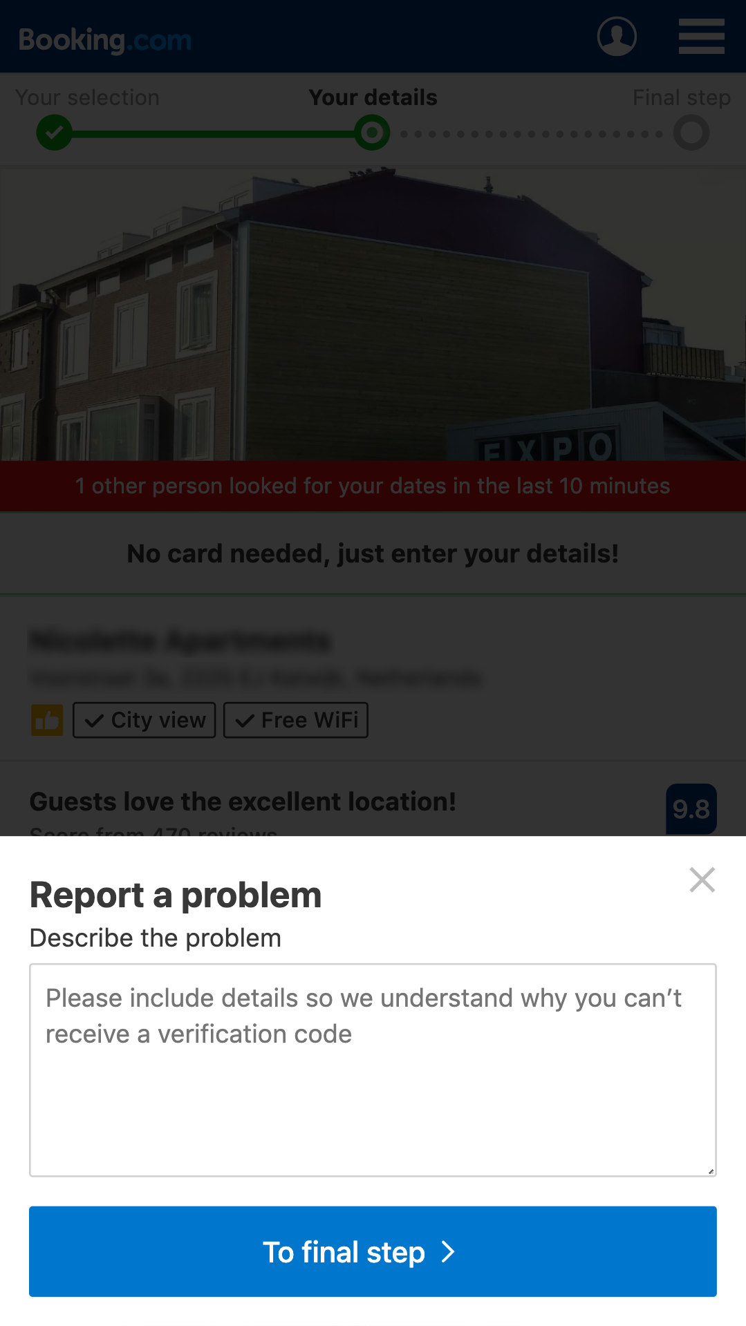 Booking.com SMS phone number verification
