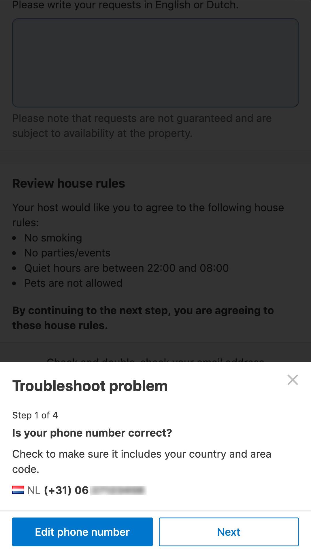 Booking.com SMS phone number verification