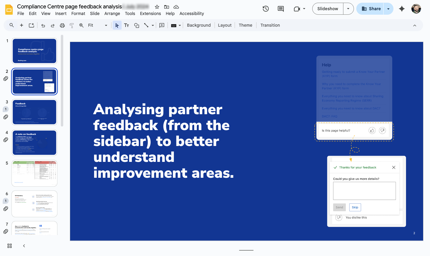 An image of presentation showing a user feedback form.