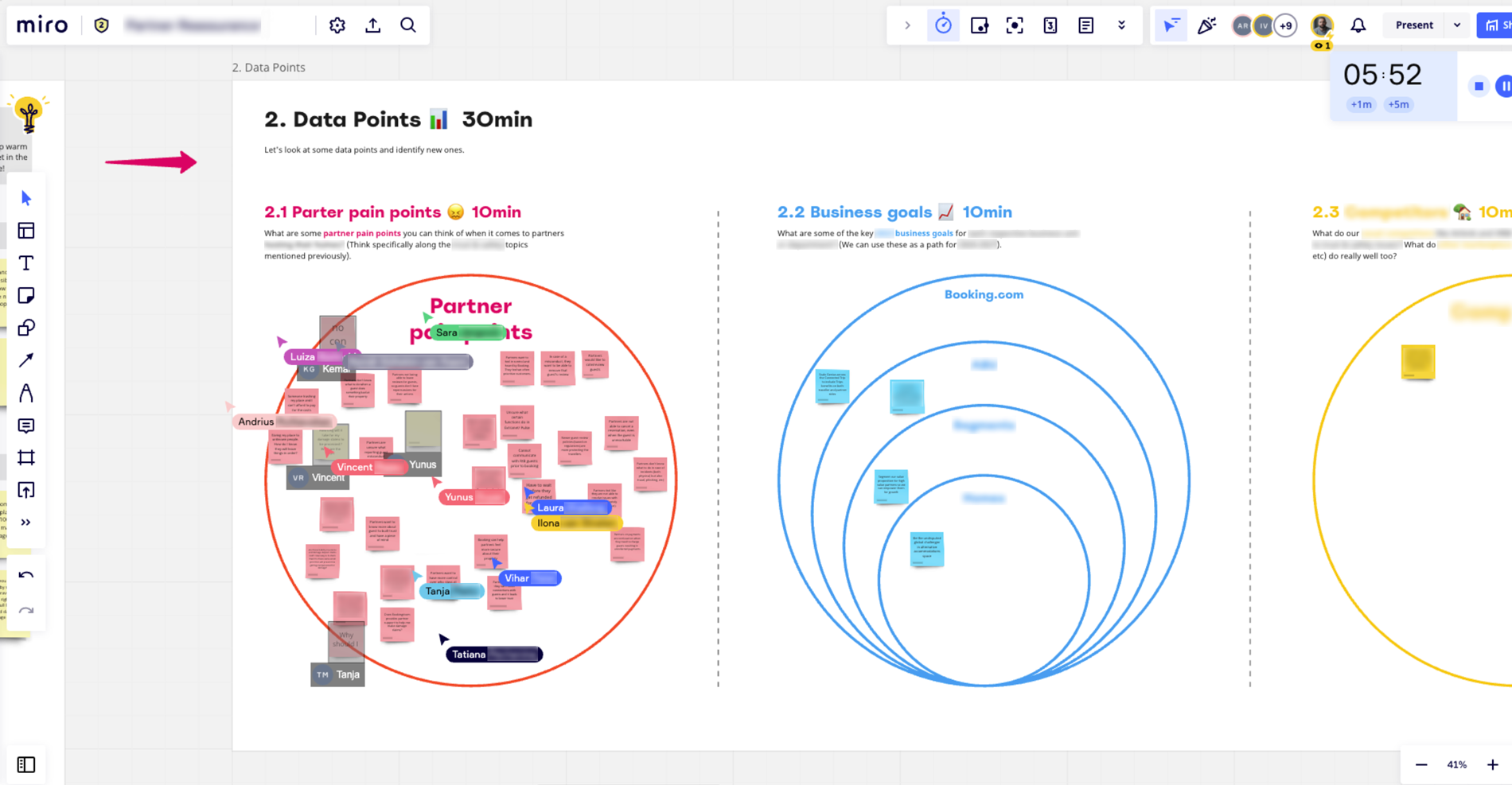 An screenshot of a Miro workshop with active users taking part.